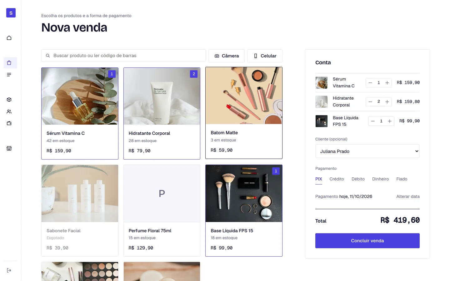 Tela Nova venda: produtos em cartões com foto e a conta ao lado.